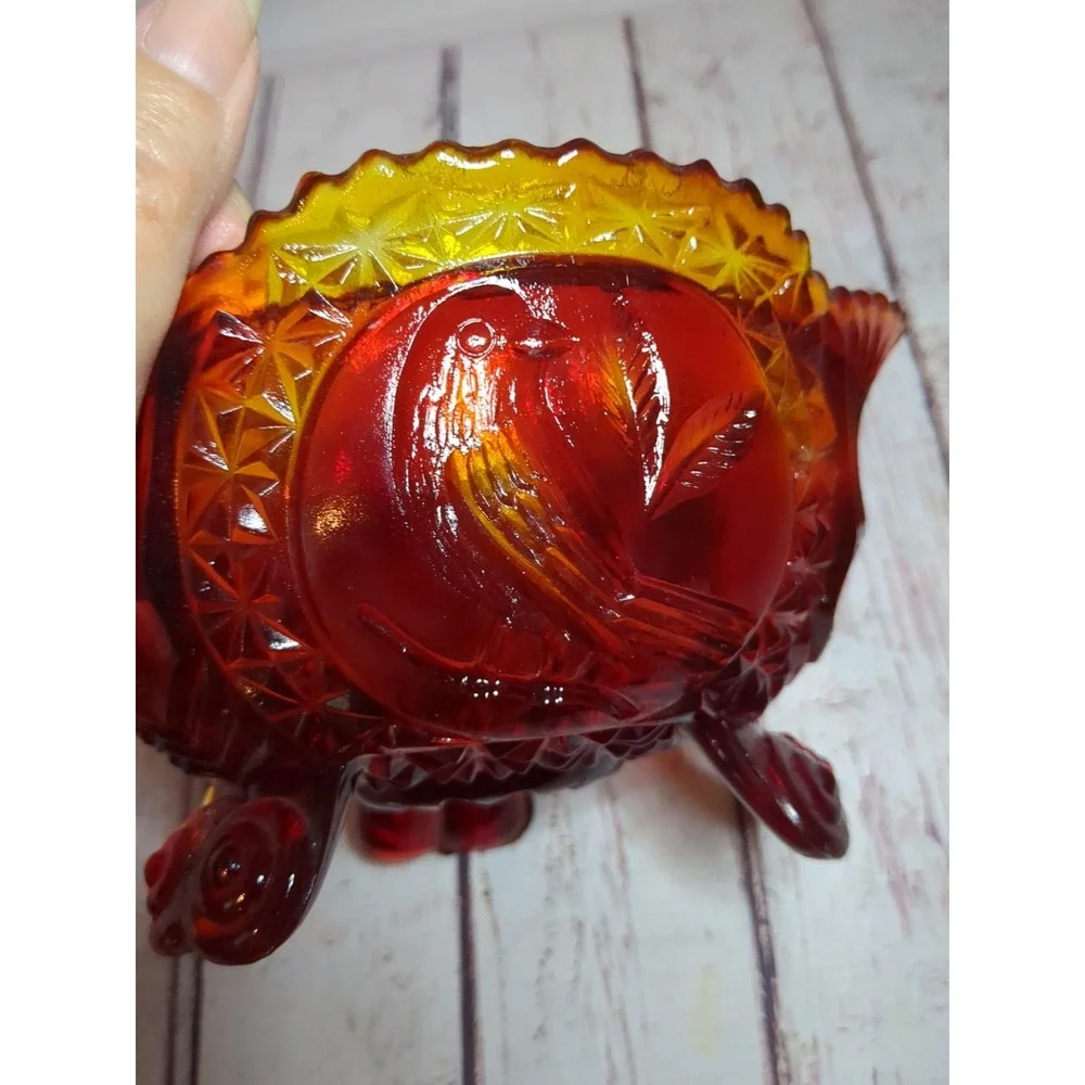 Rare Vintage Hofbauer Byrdes Ruby Red Glass 3 Footed Birds Candy Dish No‎ Lid